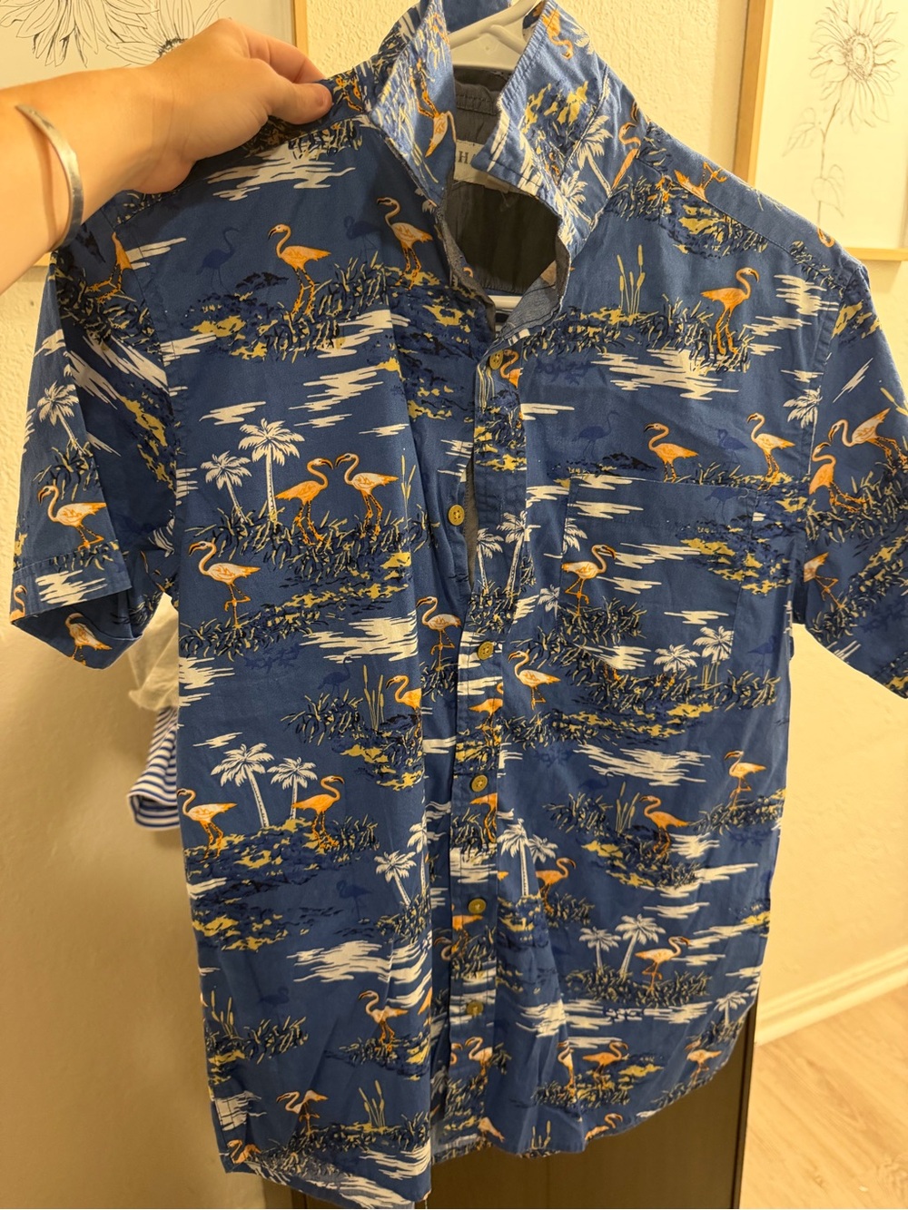 Men's Blue Flamingo Print Short-Sleeve Button-Down Shirt